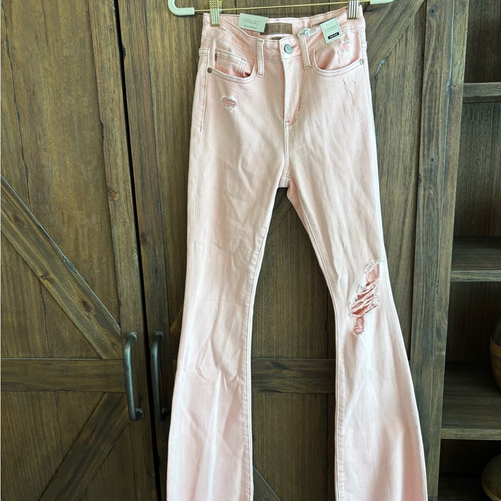 Pink Distressed Flare Jeans